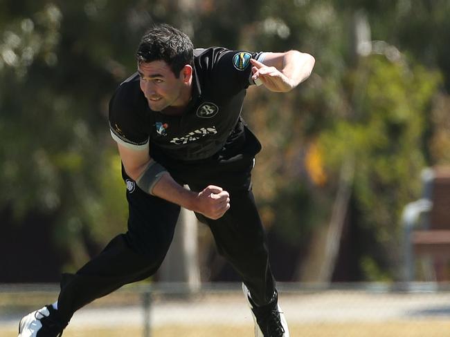 James Pearson tears in for Brunswick during his 41-wicket campaign. Picture: Hamish Blair