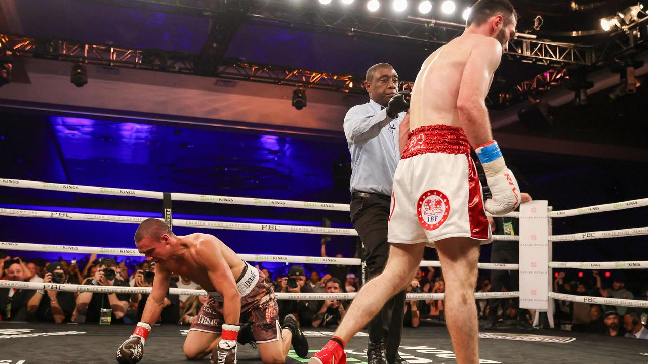 Bakhram Murtazaliev knocked Tim Tszyu down four times. Photo: Alex Menendez/Getty Images.