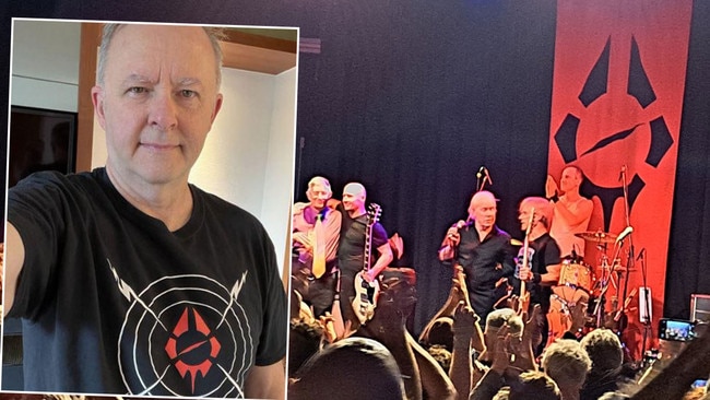 PM Anthony Albanese in a Radio Bo-Birdman shirt, left, and, right, the Radio Birdman gig last weekend at The Manning Bar at Sydney University. Pictures: Supplied