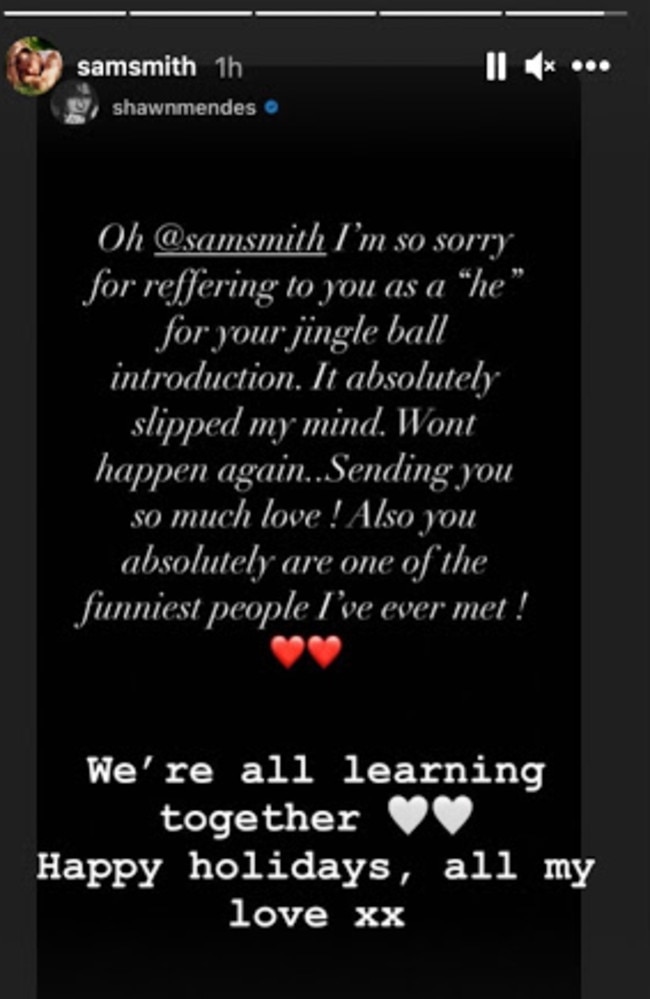 Shawn's Instagram apology for his pronoun mix-up was reposted by Sam. Picture: Supplied