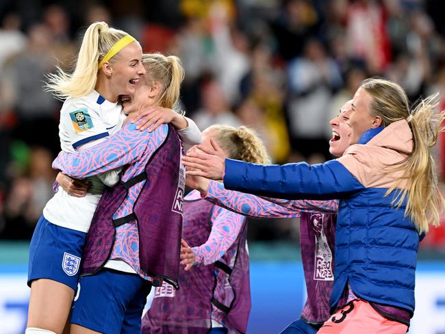 Chloe Kelly celebrates her winning penalty for England. Picture: Bradley Kanaris/Getty Images.