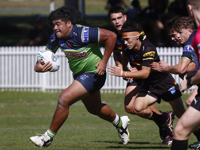 The long locks of Mathias Tomuli-Ah-Kuoi were clearly flowing during the Raiders shock finals win over the Penrith Panthers on Good Friday. Picture: Richard Dobson