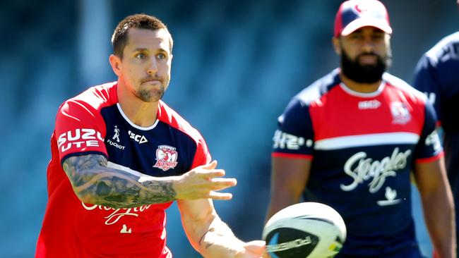 Roosters's Mitchell Pearce passes during a Sydney Roosters training.