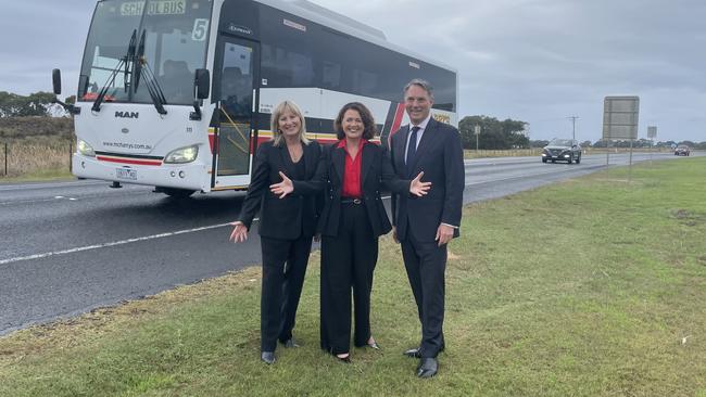 Gayle Tierney, Libby Coker and Richard Marles announce a funding boost for stage 2 of the Barwon Heads Rd duplication on Friday.