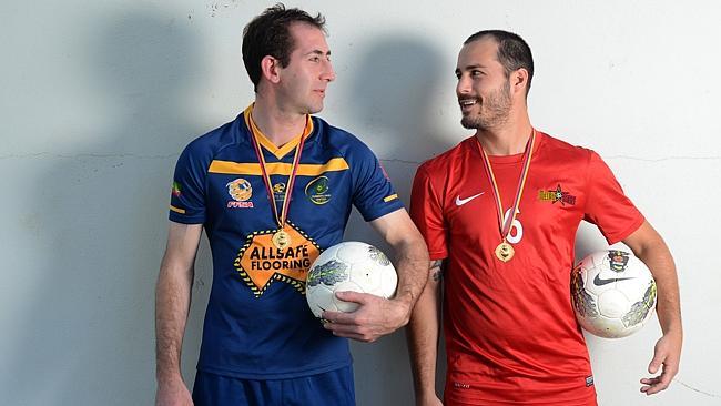 Cumberland United's Jim Stavrides (left) with joint Sergio Melta Medal winner Tony Hatzis. Picture: David Cronin