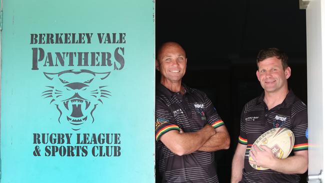 Footy coach Jamy Forbes pictured with Alex Moore who convinced him to get back into coaching, joining him at Berkeley Vale. (AAP Image/Sue Graham)