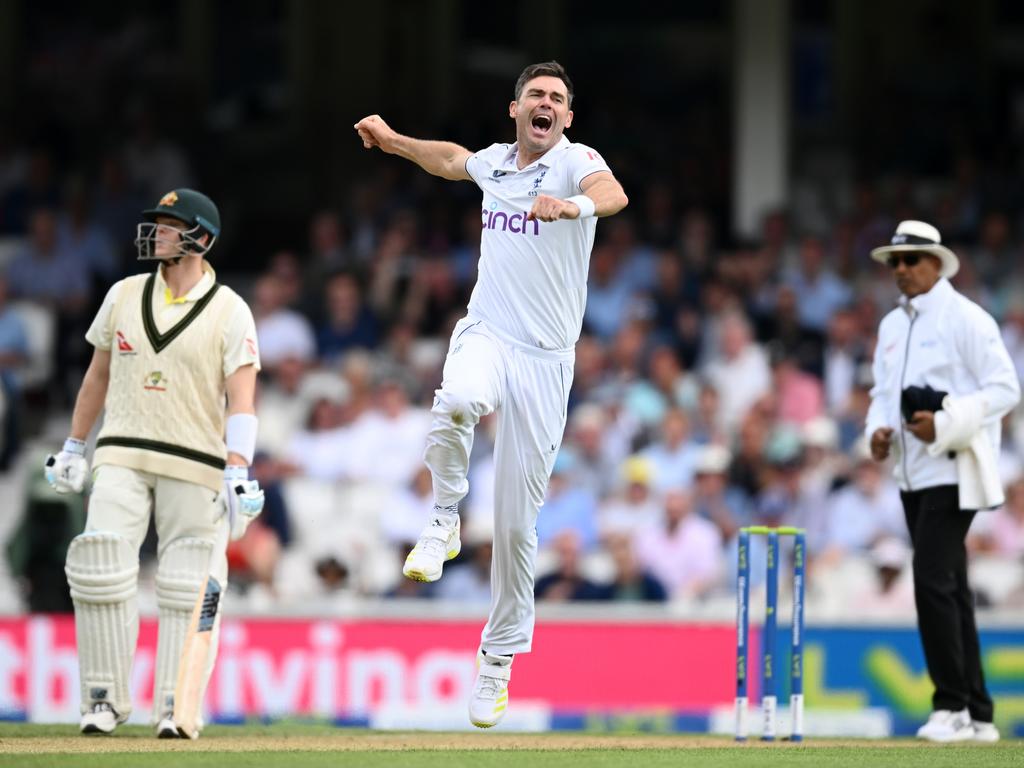 James Anderson celebrates taking the wicket of Mitchell Marsh. Picture: Getty Images