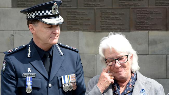 Victoria Police Chief Commissioner Shane Patton with Senior Constable Bria Joyce’s mother Dianne Joyce. Picture: Andrew Henshaw