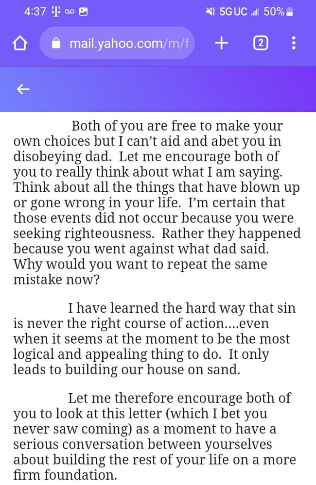 He responded to their application with a lengthy email warning them living together out of wedlock is a sin and began quoting Corinthians and referring to God as ‘dad’. Source: Christina Mayo