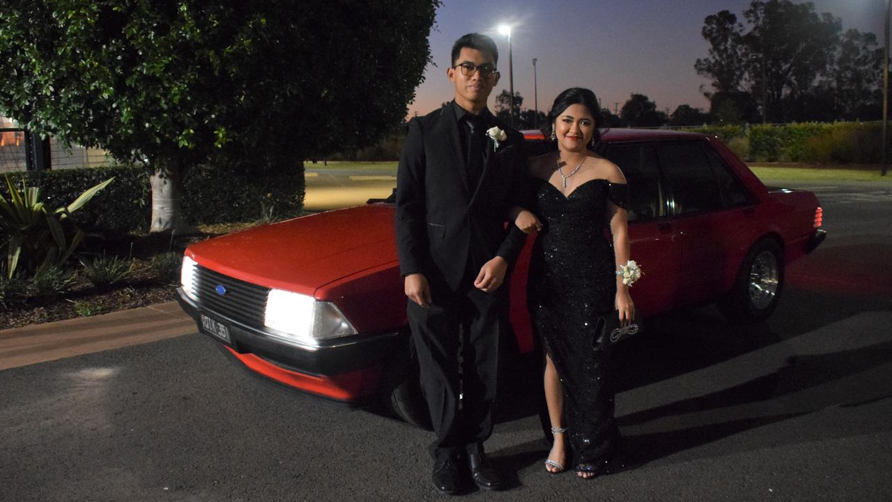 Neo Fallaria and Deneze Catbagan stunned on the red carpet at Our Lady of Southern Cross College's formal for 2023. Picture: Emily Devon