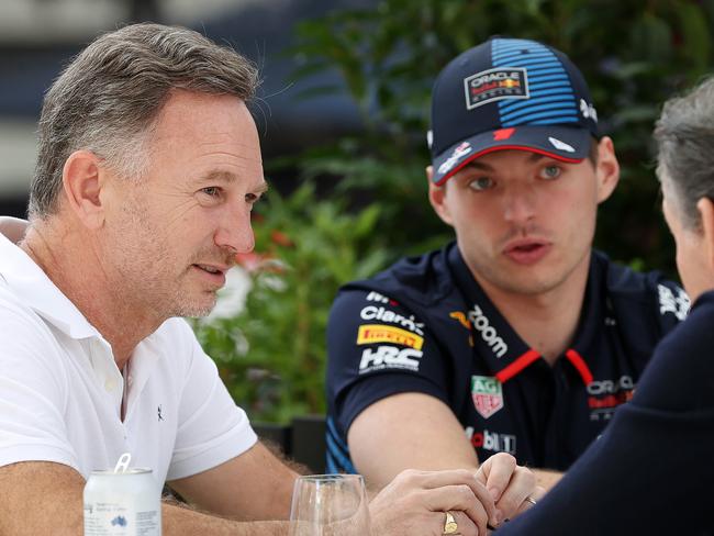 MELBOURNE, MARCH 21, 2024: Australian Formula One Grand Prix at Albert Park. Red Bull Racings Christian Horner and Max Verstappen in the paddock. Picture: Mark Stewart