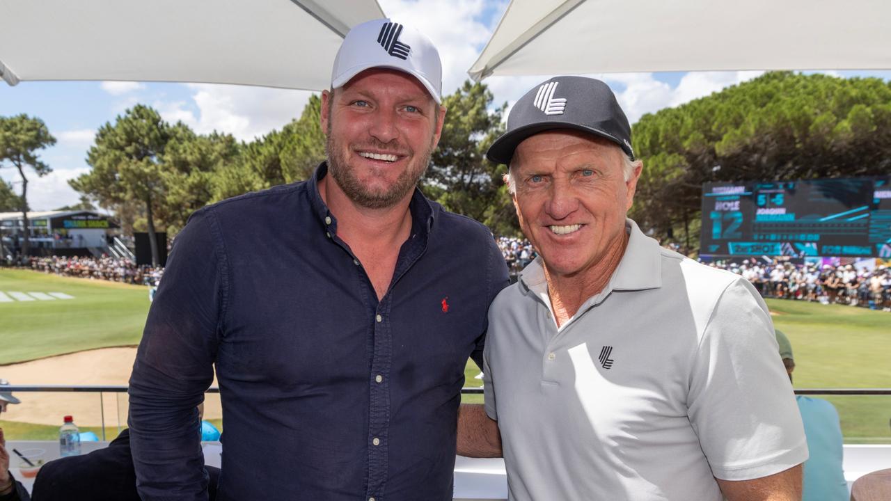 Victorian opposition’s deputy leader Sam Groth with Greg Norman at LIV Golf Adelaide. Picture: Kelly Barnes