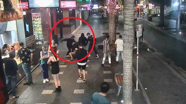 Ivan Susin, 29, can be seen throwing a punch after intervening, before he is knocked out cold. Picture: 9 News