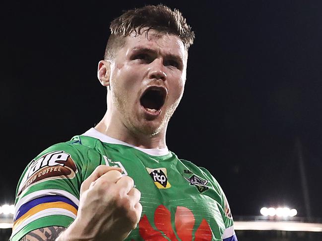 CANBERRA, AUSTRALIA - SEPTEMBER 27: John Bateman of the Raiders celebrates victory in the NRL Preliminary Final match between the Canberra Raiders and the South Sydney Rabbitohs at GIO Stadium on September 27, 2019 in Canberra, Australia. (Photo by Mark Metcalfe/Getty Images)