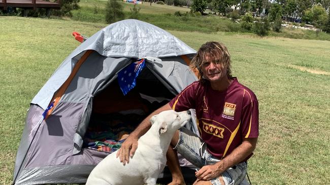 Michael Lynch with his tent and his dog Bolt, the "best dog in the world".