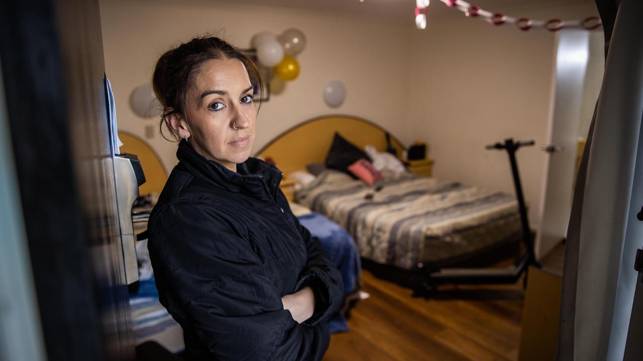 Homeless mother Chloe at her emergency accommodation. Picture: Tom Huntley