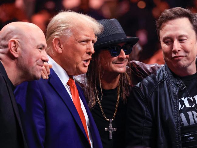 Record-breaking rumble … Dana White (pictured with Musk, Donald Trump and singer Kid Rock at a UFc event last November) had high hopes for the bout. Trump ally White has recently been appointed to the Meta board, as its boss Mark Zuckerberg tries to mend his relationship with the new White House administration.