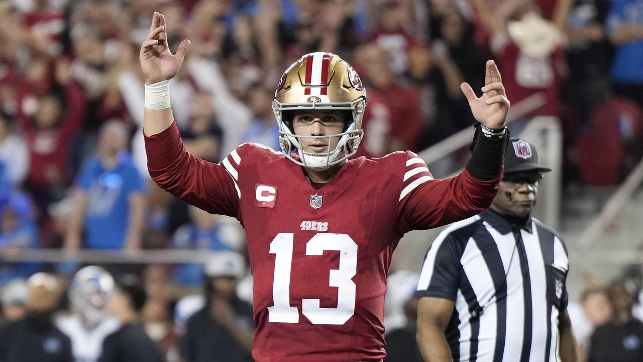 SANTA CLARA, CALIFORNIA - JANUARY 28: Brock Purdy #13 of the San Francisco 49ers reacts after a touchdown during the fourth quarter against the Detroit Lions in the NFC Championship Game at Levi's Stadium on January 28, 2024 in Santa Clara, California. (Photo by Thearon W. Henderson/Getty Images)