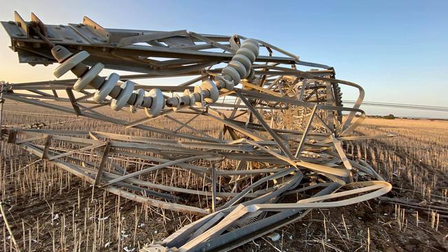 Fallen transmission towers north of Cressy, Victoria. Picture: Chris Cutajar