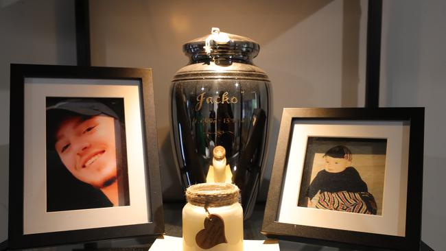 Jack’s ashes and items from that night on display in the Beasley living room. Picture: Glenn Hampson.