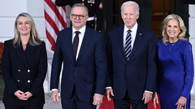 Prime Minister Anthony Albanese and Jodie Hayden with US President Joe Biden and First Lady Jill Biden at the South Portico of the White House in Washington, DC, on Tuesday. Picture: AFP