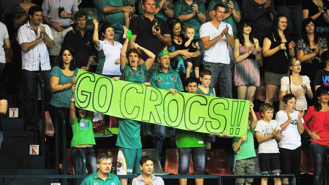 NBL Semi Final Series, Townsville Crocodiles V Cairns Taipans, from the Swamp (Townsville Entertainment Centre). Crowd with banner.