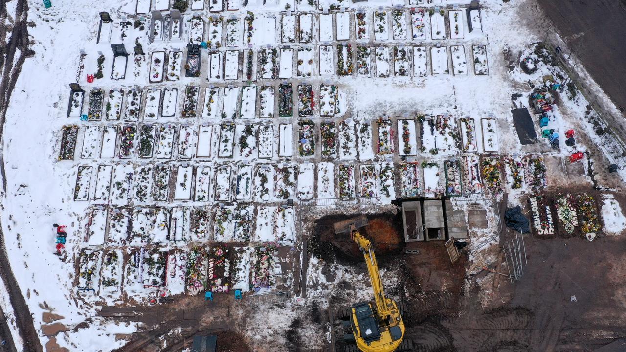 An aerial drone view of recent burial chambers at Sutton New Hall Cemetery in the UK. Picture: Christopher Furlong/Getty Images