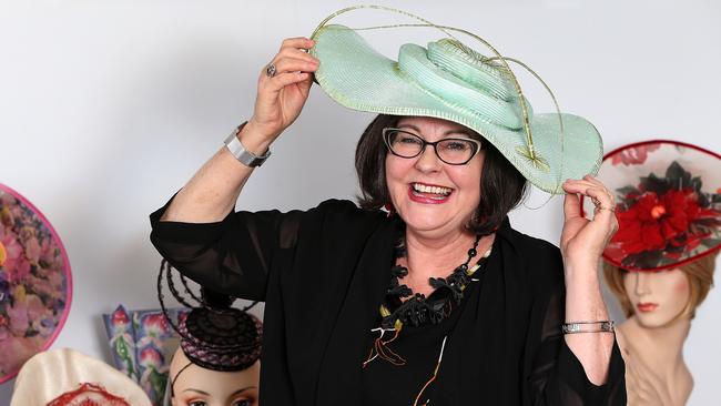 Burnie milliner Susan McArthur wears her hat that will be modelled by Jess Tyson in the Crown Oaks Millinery Award at Flemington. Picture: CHRIS KIDD