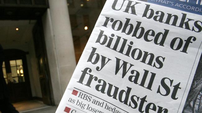 A copy of the <i>London Evening Standard</i> is pictured outside the entrance to the London office of Madoff Securities International. The collapse of his Ponzi scheme sent shockwaves around the world. Picture: AFP