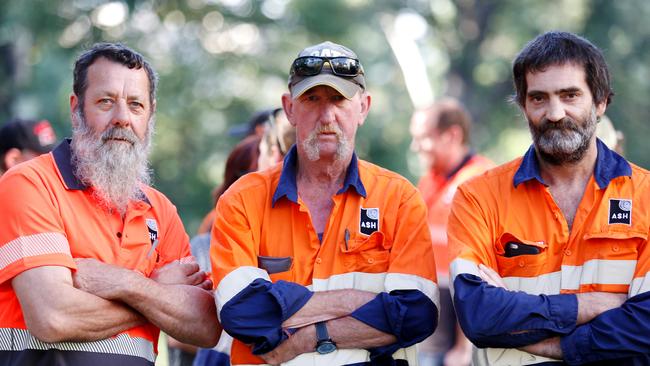 Ross Britton, Graeme Ralph and Darren Bellion of the Heyfield timber mill. Picture: Chloe Smith.