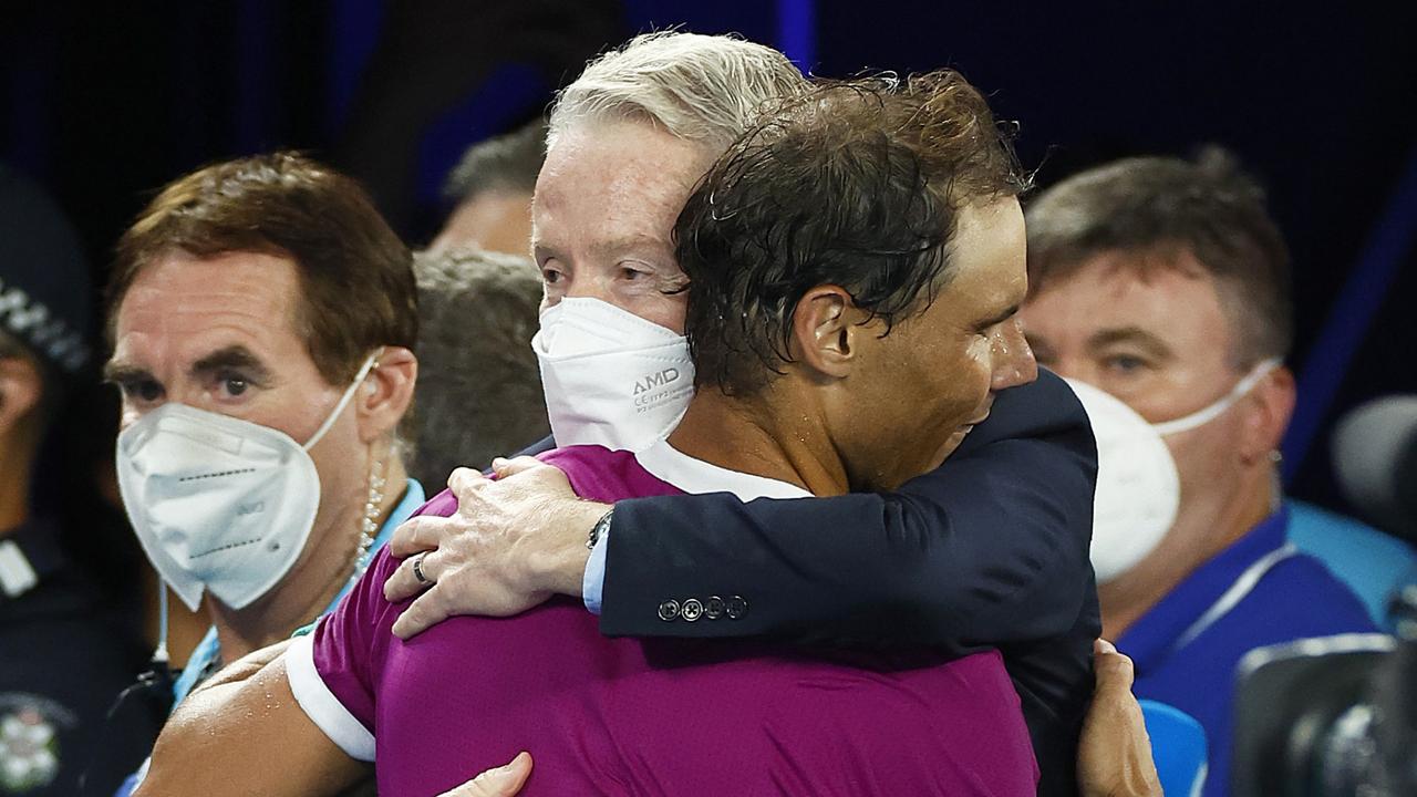 Craig Tiley embraces Rafael Nadal after his historic Australian Open win. Picture: Getty Images