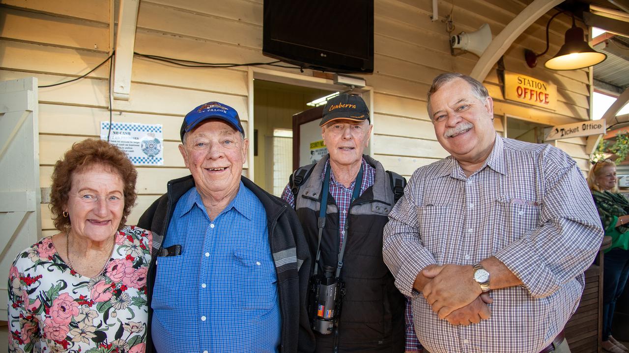 Val O'Hara, Ian Gibson. John Hope and Dan O'Hara, passengers on the inaugural trip for the restored "Pride of Toowoomba" steam train from Drayton to Wyreema. Saturday May 18th, 2024 Picture: Bev Lacey