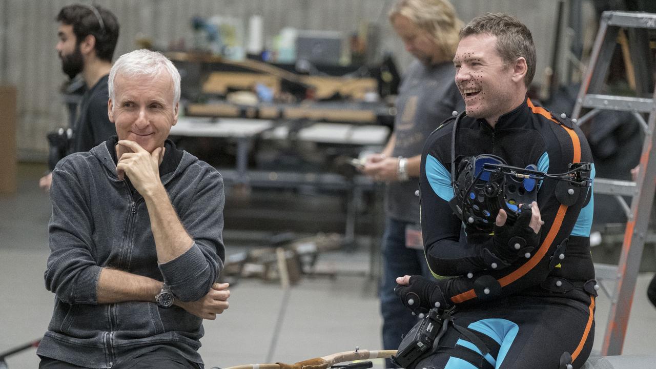 Director James Cameron and actor Sam Worthington on the set of Avatar: The Way of Water.