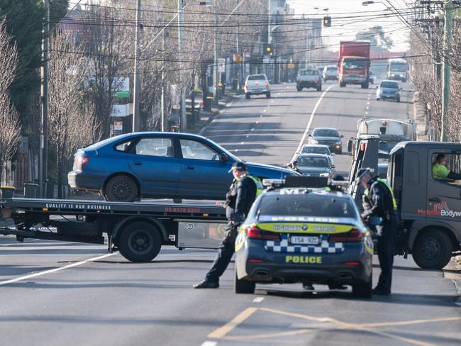 An elderly person was hit and killed near the corner of Bell St and Davis St in Coburg. Police and fire brigade were at the scene after shutting down Bell street. Picture: Tony Gough