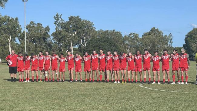 Brothers in arms, the Swans gather together to stare down the barrel of the hard task in taking on the Northern Saints. Picture: Eastern Swans