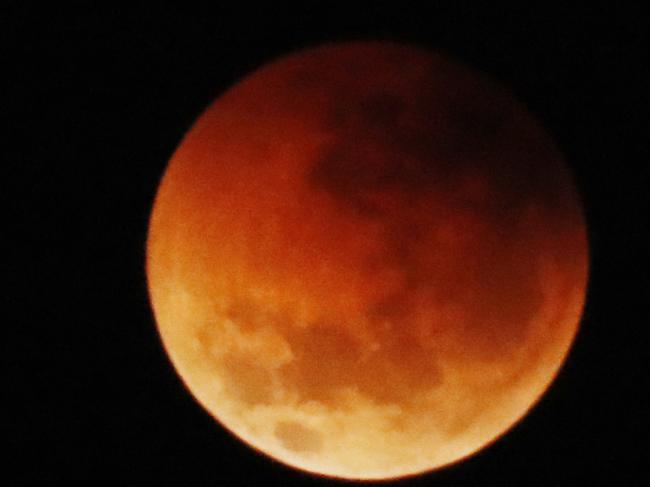 The Blood Moon as seen from Mooloolaba on the Sunshine Coast. Picture: Lachie Millard