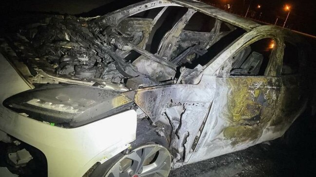 A stolen Jaguar E-Pace Wagon was located on fire in Hermit Park on Sunday. Picture: Facebook