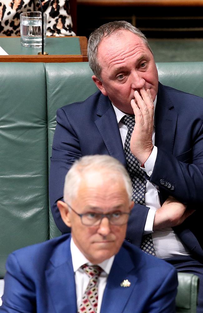 PM Malcolm Turnbull (front) is furious at Deputy PM Barnaby Joyce after the Nats leader assured him his affair with staffer Vikki Campion was over. Picture: Kym Smith