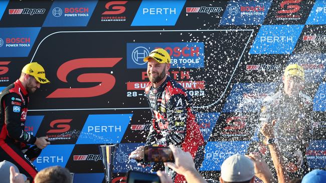 Shane van Gisbergen celebrates his victory in Race 7 of the Supercars 2023 season at Wanneroo Raceway in Perth.
