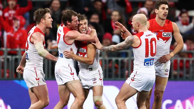 Sydney players celebrate their win over GWS. Picture: AAP Images