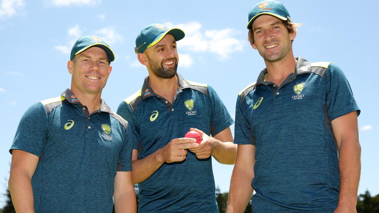 David Warner, Nathan Lyon and Joe Burns are preparing for heatwave conditions in Perth. Picture: AAP Image/Richard Wainwright