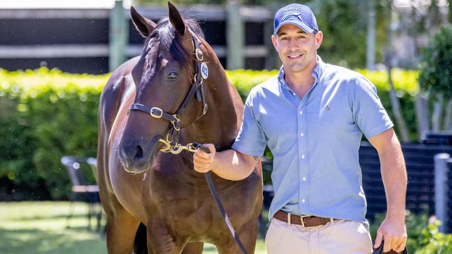 Billy Slater with his colt for sale at the Magic Millions sales. Picture: Luke Marsden