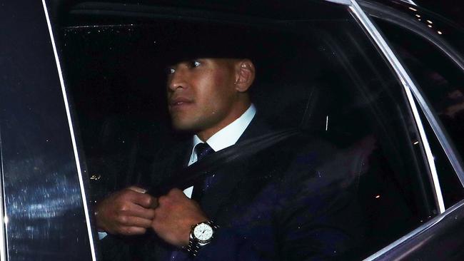 Israel Folau leaves Rugby Australia’s HQ after a day of hearings. Picture: Matt King/Getty Images