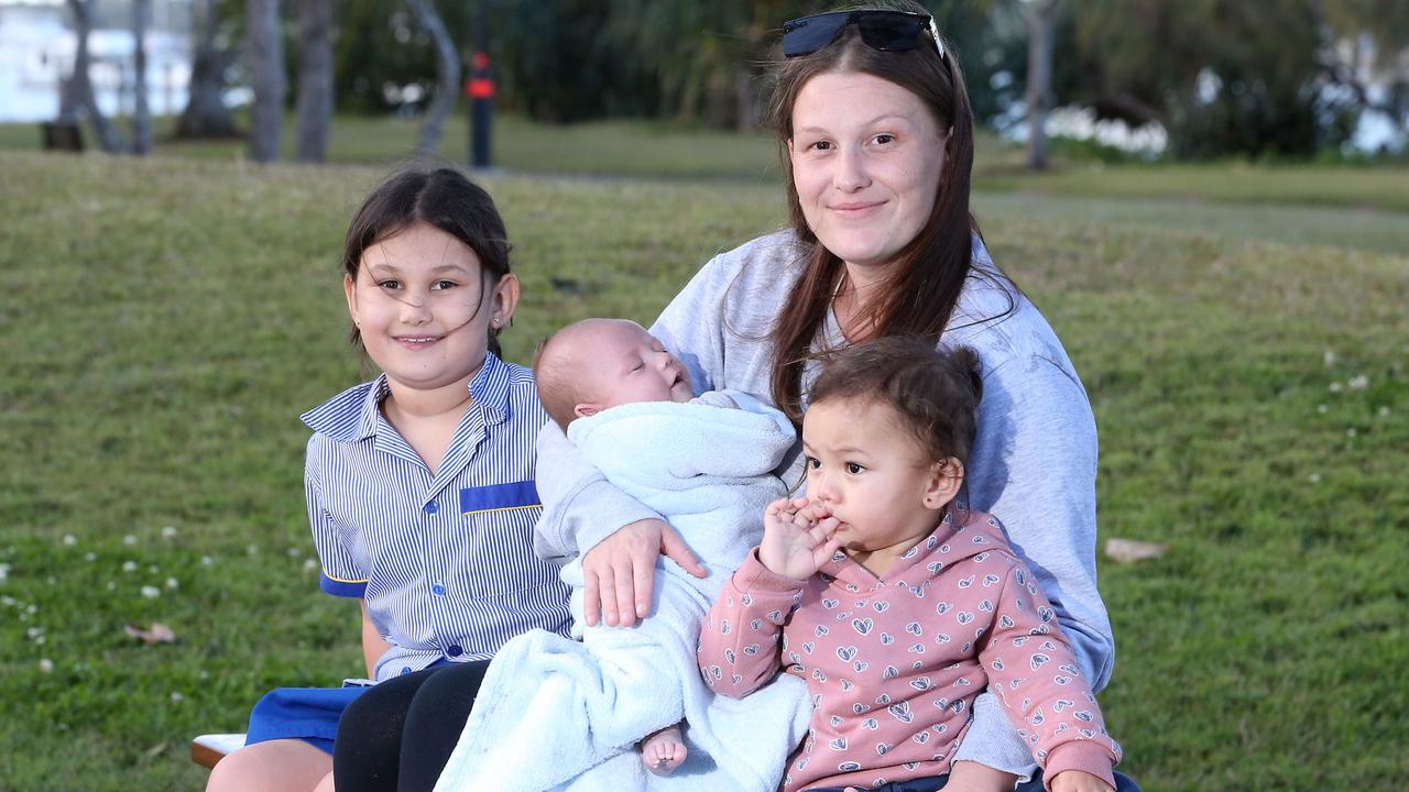 Alexi Bennett with her kids Leilani Bennett, Alaysia Tiumalu and baby Kross Tiumalu, who are living in a motel room because of the state’s ongoing rental crisis. Picture: Richard Gosling / The Gold Coast Bulletin