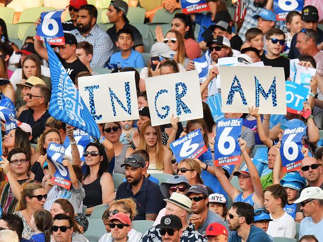 Fans enjoy the atmosphere during the Big Bash League match between the Adelaide Strikers and the Hobart Hurricanes at Adelaide Oval. Picture: DANIEL KALISZ