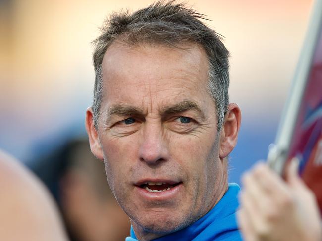 HOBART, AUSTRALIA - MAY 13: Alastair Clarkson, Senior Coach of the Kangaroos addresses his players during the 2023 AFL Round 09 match between the North Melbourne Kangaroos and the Port Adelaide Power at Blundstone Arena on May 13, 2023 in Hobart, Australia. (Photo by Dylan Burns/AFL Photos via Getty Images)