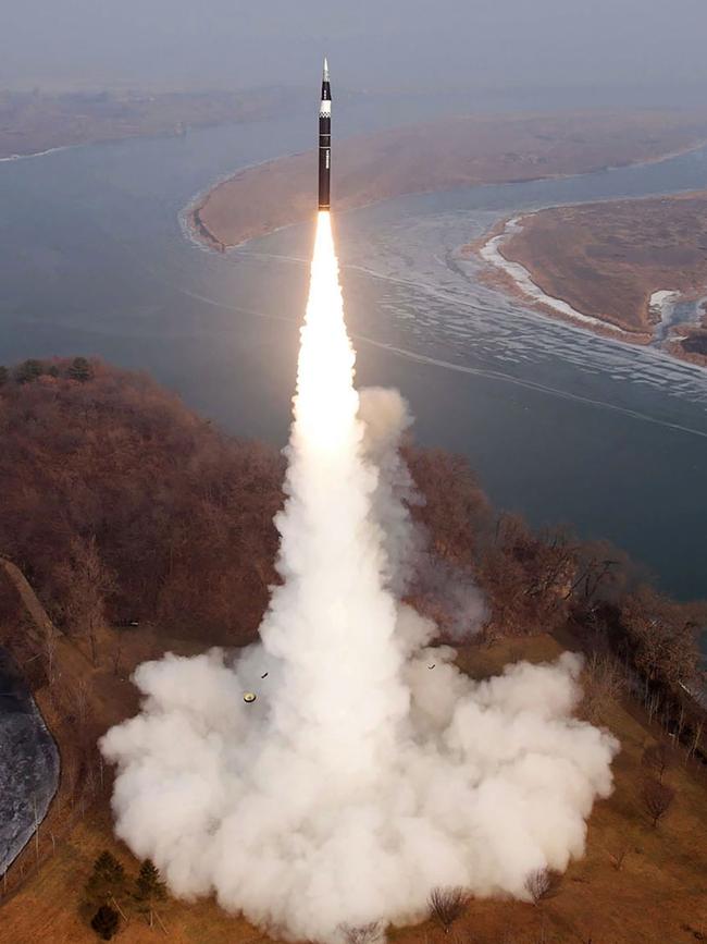 The launch of a missile at an undisclosed location in North Korea. Picture: KCNA via KNS/AFP