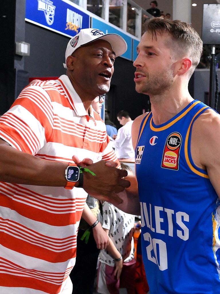 Leroy Loggins celebrates with Nathan Sobey after a Bullets’ win. Picture: Getty Images