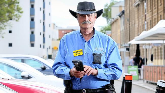 Hobart City Council parking officer Tony wearing a body camera while on the job in Salamanca. Picture: SAM ROSEWARNE