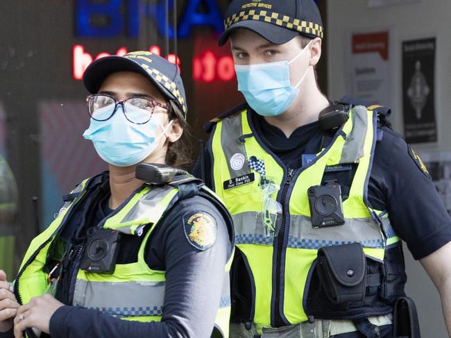 MELBOURNE AUSTRALIA - NewsWire Photos AUGUST 21, 2020: Protective service officers leave the Brady Hotel in Melbourne CBD on Friday morning. The hotel has been given the contract to act as a Covid 19 quarantine centrePicture: NCA NewsWire / David Geraghty